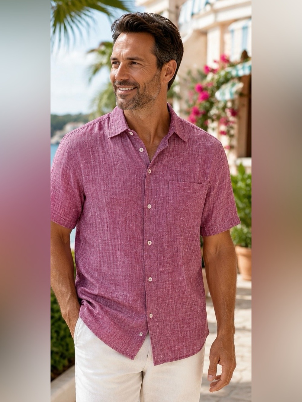 Zachary Prell 100% Linen Button Front Shirt Pink Melange Large Vacation Casual